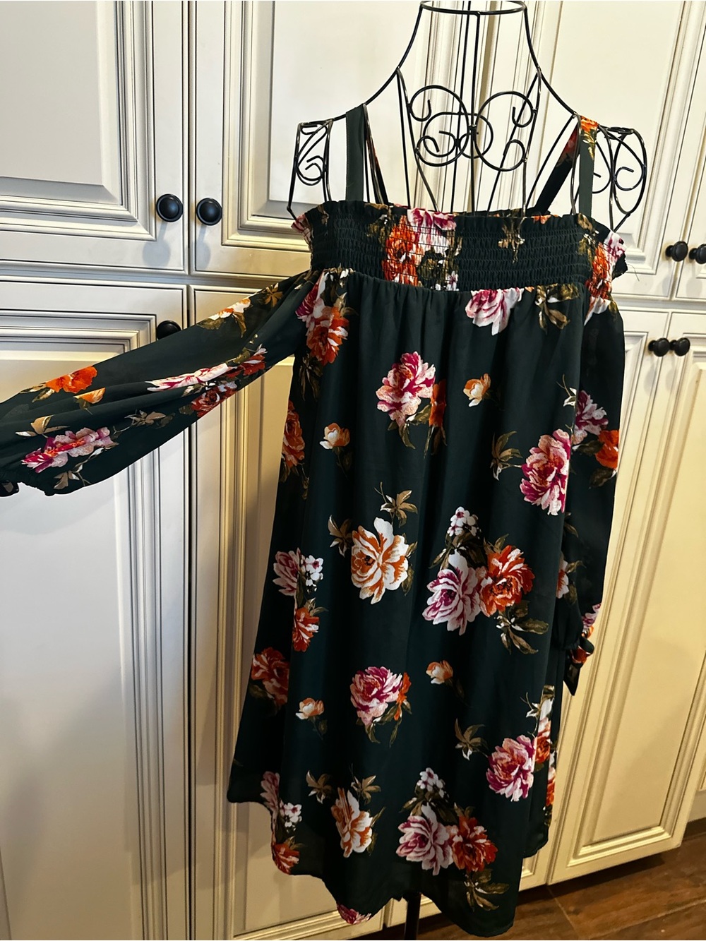 AUW Dark Green Floral Off-Shoulder Dress with Orange and Pink Blooms